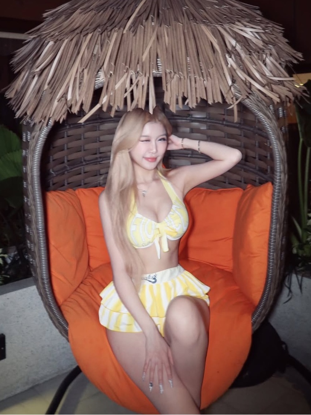 Yellow Stripe Halter Bikini Top and Skirt Set